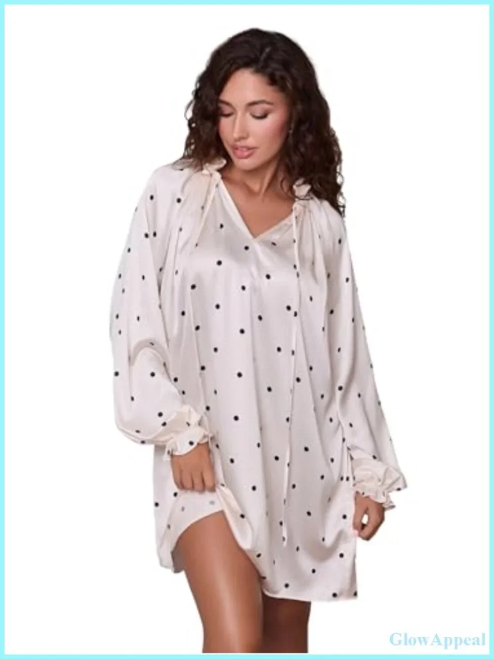Womens Satin Nightshirt Polka Dot Long Puff Sleeve V Neck Sleepwear Loungewear